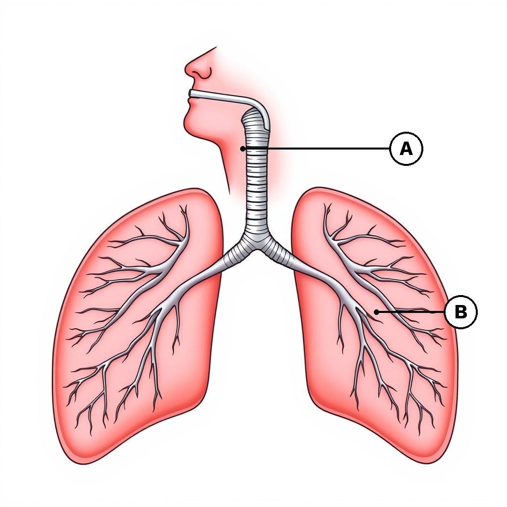 5. The diagram below shows the human respiratory system. Name the part marked A.