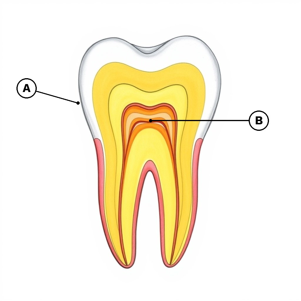 18. The diagram below shows a section through a human tooth. Name the part marked A.